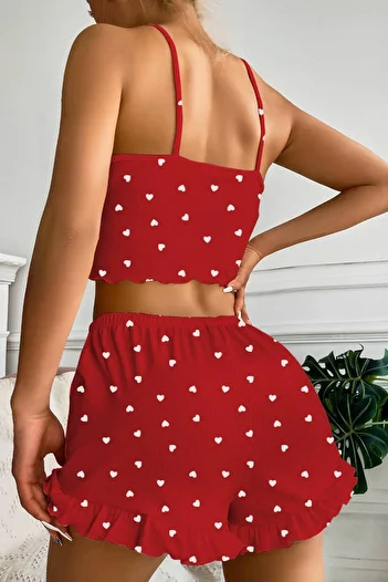 AURA Red Strappy Pajama Set with Mini Shorts - Love Ribbed Heart Camisole