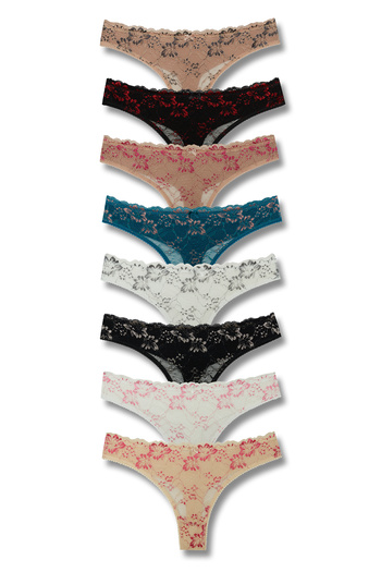HNX 8-Piece Front Lace Back Double Layer Cotton Thong Women's Panties