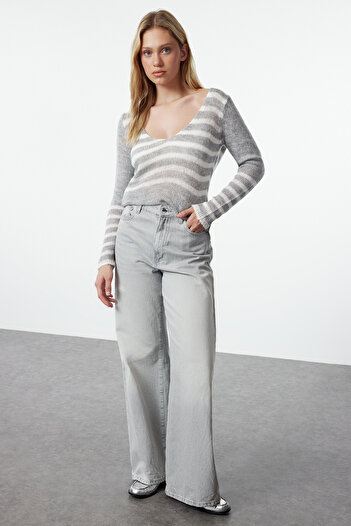 Trendyol Collection Gray Striped Soft Knit Sweater - Loose Knit TWOAW25KZ00172