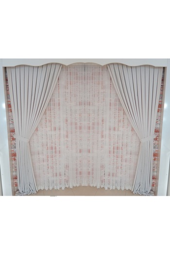 FİGENSİ Bone Colored Background Velvet Curtain - Double Blades, Close Pleated Planting V-42