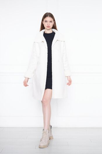 comstar Women's Fur Double Breasted Collar Faux Leather White Long Coat