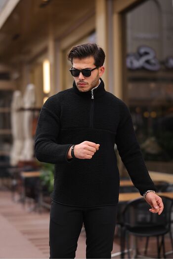 comstar Men's Half Zipper Winter Thick Black Plush Sweat
