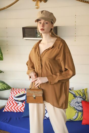 comstar Women's Long Sleeve Oversize Summer Basic Coffee Shirt