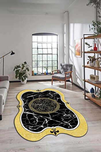 EY HOME Laser-12-Gold Marble Patterned Non-Slip Carpet - Washable Laser Cut Kitchen Living Room