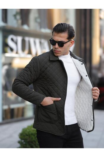 comstar Men's Snap Fastener Basic Winter Fur Khaki Quilted Coat