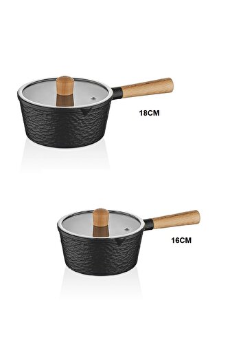FALEZ 2-Piece Cast Iron Sauce Bowl Milk Bowl Pan Set - Black Line with Glass Lid and Spout