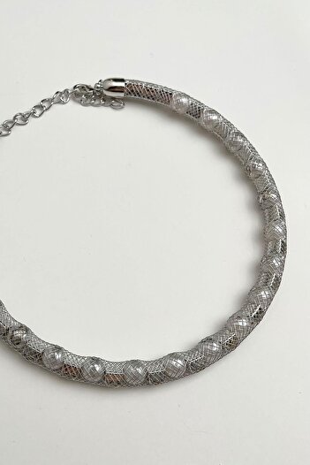 Modex Wicker Wire Detailed Pearl Stone Row Choker Necklace