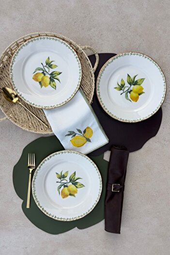 porselenden Green Garden Mat Altın Yaldızlı 25 Cm 6 Kişilik Gold Limon Desenli Porselen Servis Tabağı Takımı