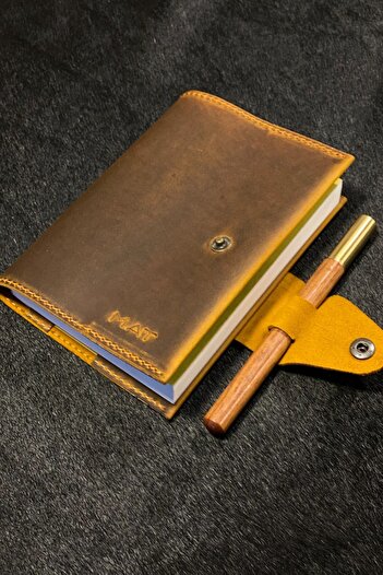 MAT Deri Genuine LeAther A6 Design DAily NotepAd And Pen Set - mustArd Yellow Gift