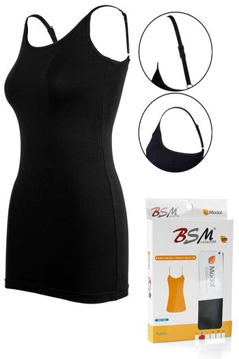 BSM Women's Black Modal Cotton Rope Strap Long Tank Top