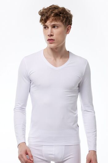 Malabadi Ανδρικό λευκό μακρυμάνικο Lycra Modal Body 059 με λαιμόκοψη V
