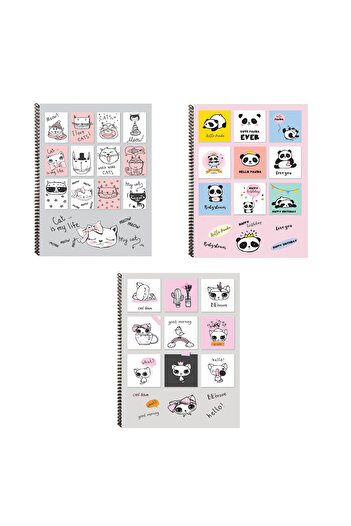 FLY COLOR A4 Cat Patterned Leaf Lined Spiral Notebook Set - 3-Piece P.P Cover