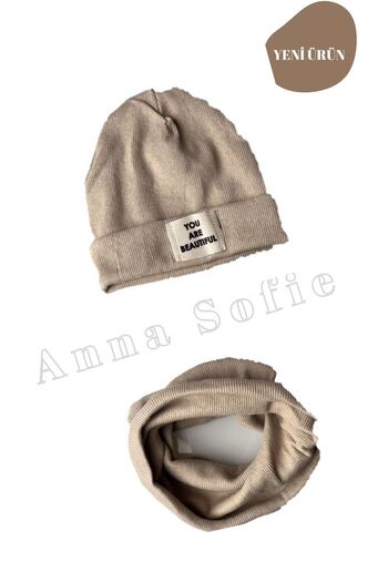 anna sofie Unisex Beige Ribbed 100% Cotton (1-5 YEARS) Beanie Neck Collar Set (LASNMAN PRICE)