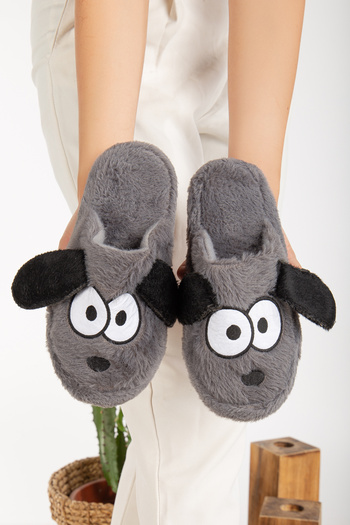 Slipcat Women's Dog Figured Silent Sole Plush House Slippers