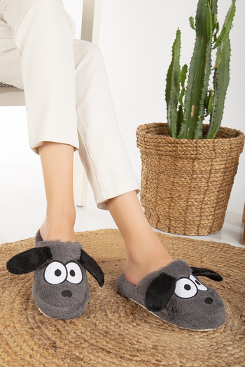 Slipcat Women's Dog Figured Silent Sole Plush House Slippers