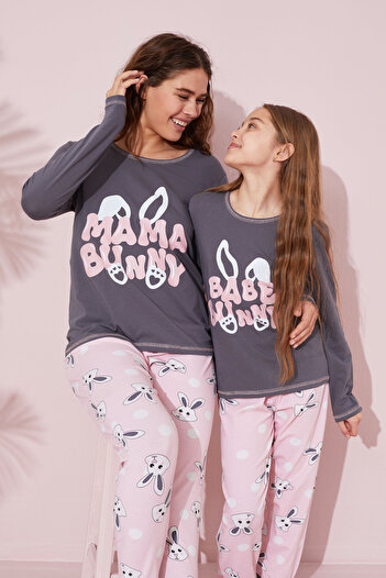 Siyah İnci Cotton Gray Knitted Pajama Set - 24241089