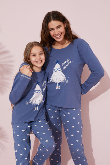 Siyah İnci Cotton Indigo Printed Pajama Set - 24241079