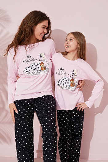 Siyah İnci pembe baskılı Pamuklu Örme Pijama Takım 24241101