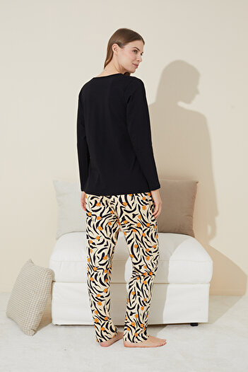 Siyah İnci siyah Nakışlı Pamuklu Örme Pijama Takım 24240106