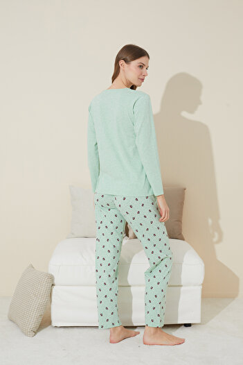 Siyah İnci yeşil Baskılı Pamuklu Örme Pijama Takım 24240119