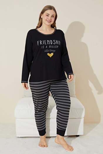 Siyah İnci siyah baskılı Pamuklu Curve Büyük Beden Battal Boy Örme Pijama Takım 24240674