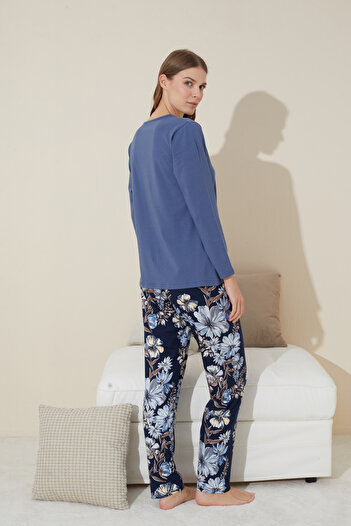 Siyah İnci indigo Nakışlı Pamuklu Örme Pijama Takım 24240088