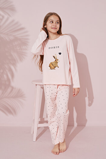 Siyah İnci somon baskılı Pamuklu Örme Pijama Takım 24241099