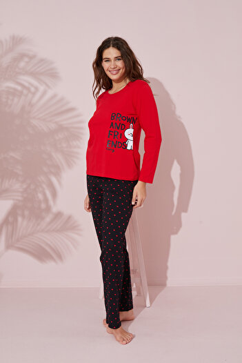 Siyah İnci Cotton Red Printed Pajama Set - 24241083