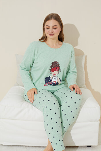 Siyah İnci yeşil baskılı Pamuklu Curve Büyük Beden Battal Boy Örme Pijama Takım 24240666