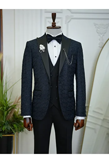 LONATOLİA Men's Tuxedo Groom Suit Jacquard Swallow Collar Italian Cut Slim Fit Jacket Vest Pants Bow Tie