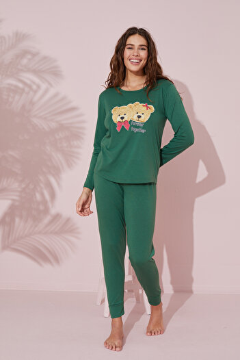 Siyah İnci yeşil baskılı Pamuklu Örme Pijama Takım 24241068