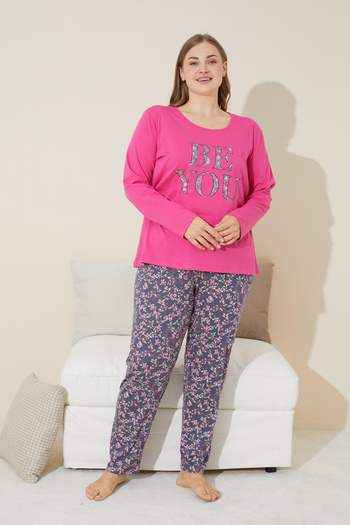 Siyah İnci Plus Size Fuchsia Printed Cotton Curve Pajama Set - 24240626