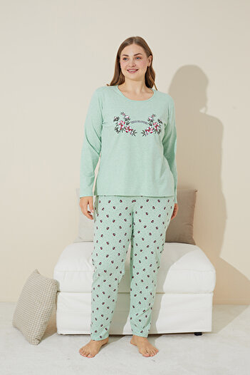 Siyah İnci yeşil baskılı Pamuklu Curve Büyük Beden Battal Boy Örme Pijama Takım 24240643