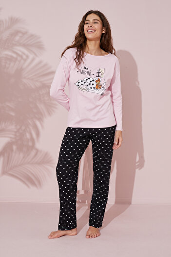 Siyah İnci pembe baskılı Pamuklu Örme Pijama Takım 24241101