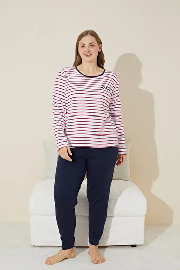 Siyah İnci Plus Size Red and White Striped Embroidered Cotton Curve Pajama Set - 24240638