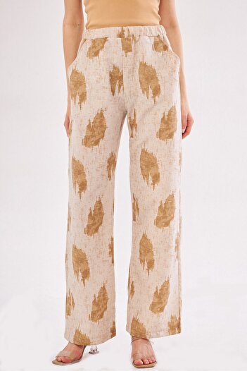 armonika Women's Mink Ena Trousers with Elastic Waist and Pocket Detail Linen Look Wide Leg ARM-24Y001021