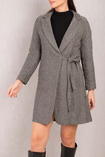 armonika Women's Light Green Side Tie Herringbone Pattern Long Cuff Coat ARM-24K001010