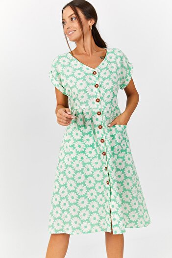 armonika Rochie de damă, mentă, cu model floral, cu buzunar, cu nasturi în față ARM-22Y001152