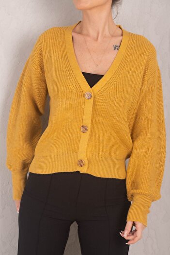 armonika Women's Mustard Thessaloniki Knitted Buttoned Cardigan ARM-24K069007