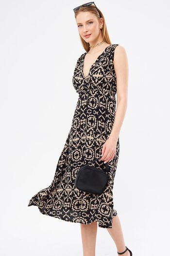 armonika Women's Black Patterned Waist and Shoulder Elastic Double Breasted Collar Midi Skirt Dress Arm-24y001052