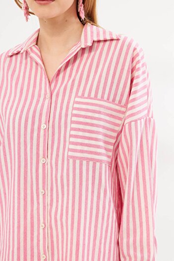 armonika Fuchsia gestreiftes Oversize-Hemd - Lange Ärmel und Taschendetail, Plissiert ARM-24Y001057