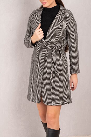 armonika Women's Light Green Side Tie Herringbone Pattern Long Cuff Coat ARM-24K001010