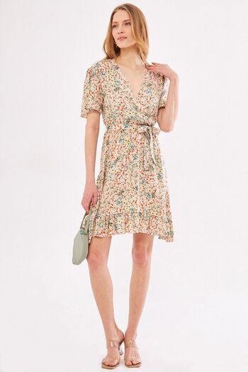 armonika Women's Beige Tessera Dress Double Breasted Collar Skirt Frilly Patterned Mini Size ARM-24Y001024