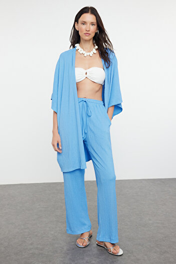 Trendyol Collection Blue Wrapped Woven Kimono and Trousers Set - TBESS23AU00149