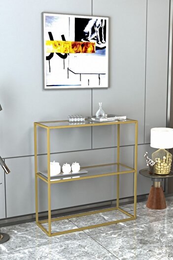DEKOPRATİK - Berra Camlı Metal Dresuar Dekoratif Raflı Kahve Köşesi Konsol - Gold