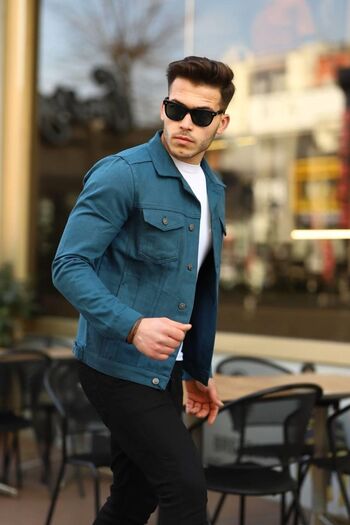 comstar Men's Trend Polo Neck Slim Fit Denim Jeans Indigo Denim Jacket