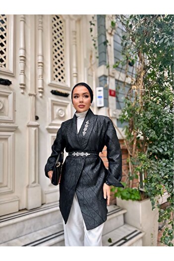 comstar Stone Detailed Jacquard Jacket with Waist Belt