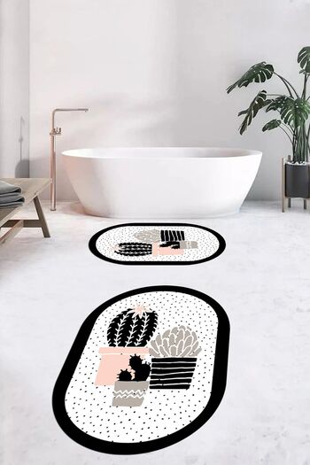 EY HOME Digital Washable Cactus Flower Pattern Double Oval Bathroom Rug Toilet Set, OKLZT-22-WHITE,