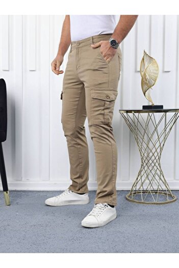 comstar Men's High Waist Cargo Pocket Stretchy Tight Coffee Pants