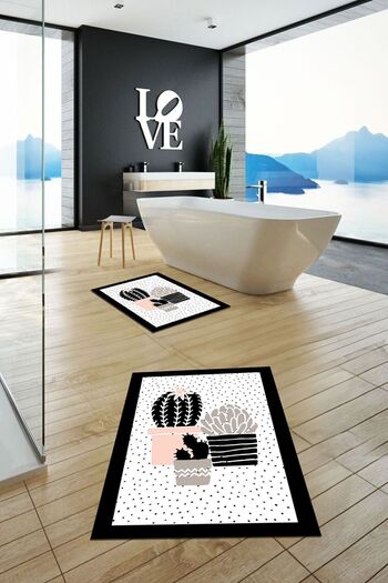 EY HOME Digital Printed Washable Cactus Flower Patterned Double Bathroom Rug Toilet Set, KLZT-22-WHITE,
